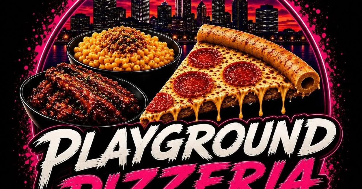 Neon-style billboard advertising Playground Pizzeria featuring pizza, barbecue ribs, chickpeas, and a city skyline at sunset background.