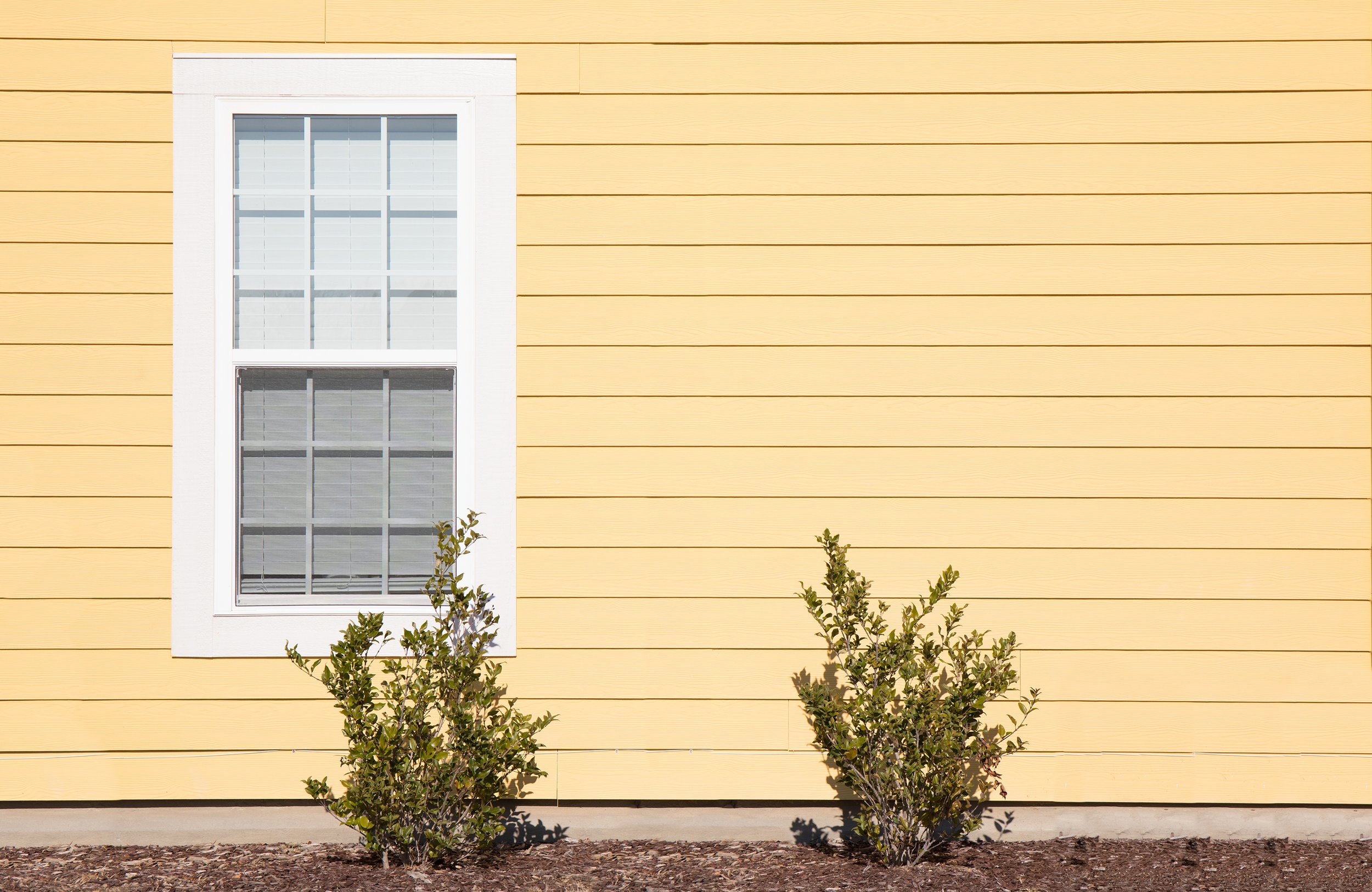 A close-up of the siding of a yellow house.