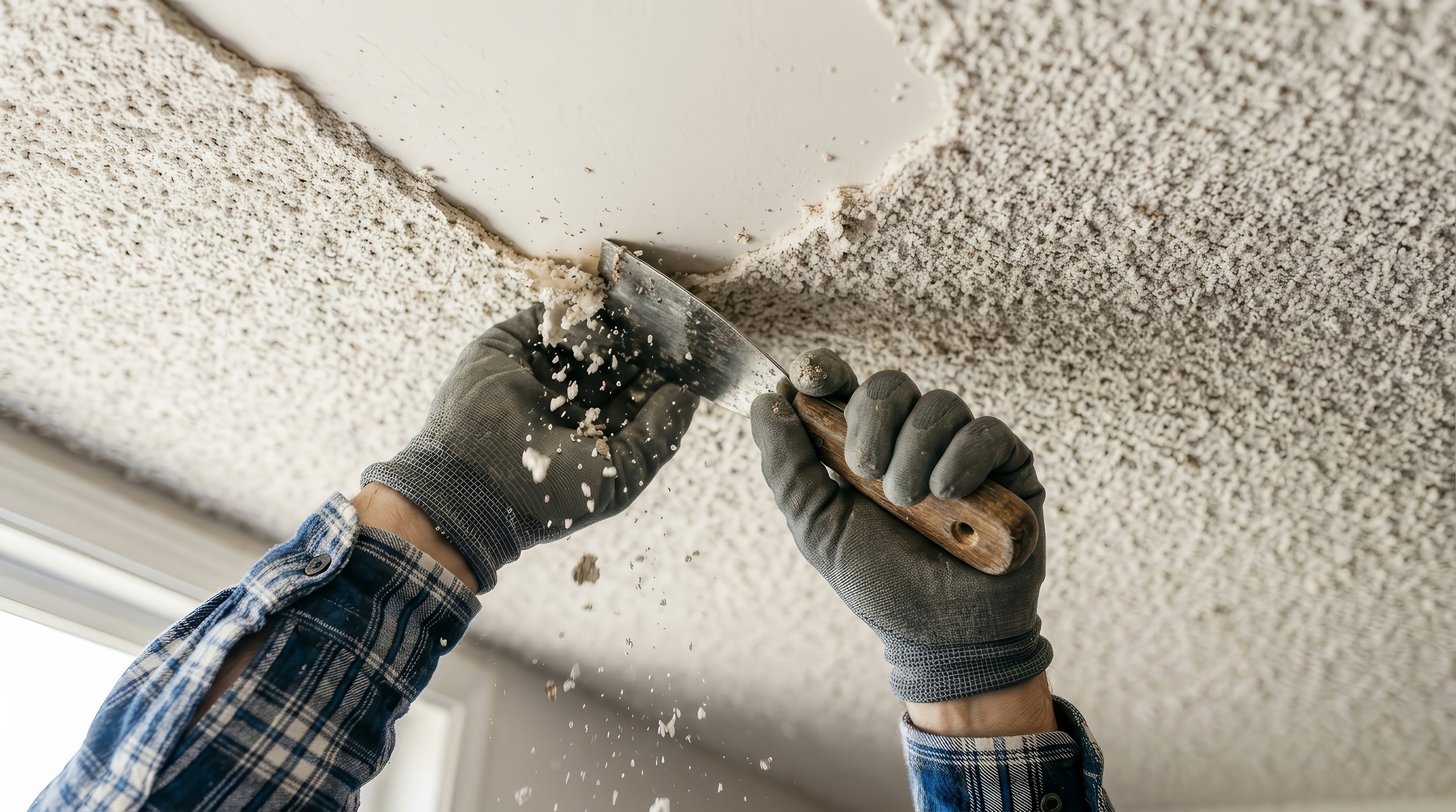 A close-up of two hands removing popcorn ceiling texture.
