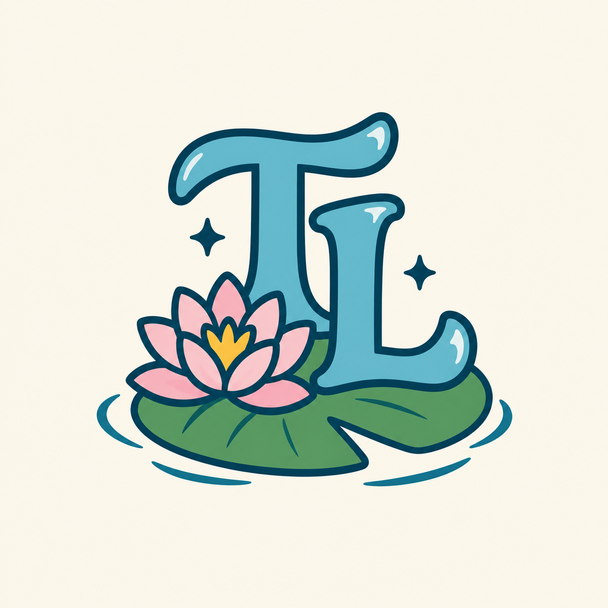Illustration of the letters "TL" with a pink lotus flower and lily pad, surrounded by small star accents.