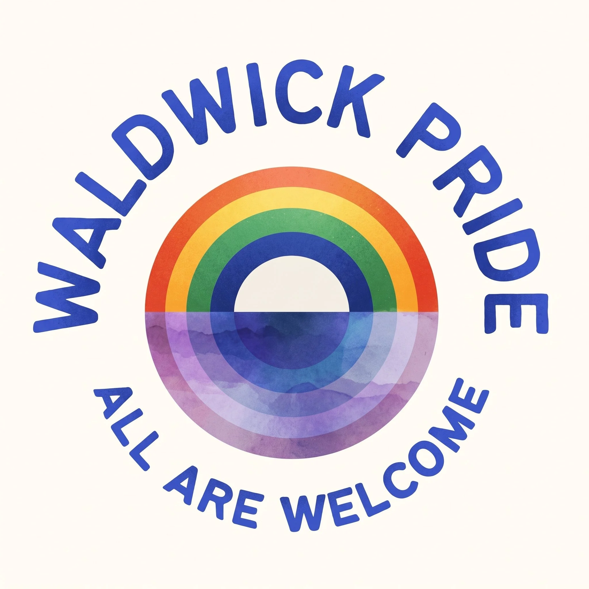 A rainbow with text above it that reads 'WE ARE ALL WEL' in blue, curved around the rainbow.