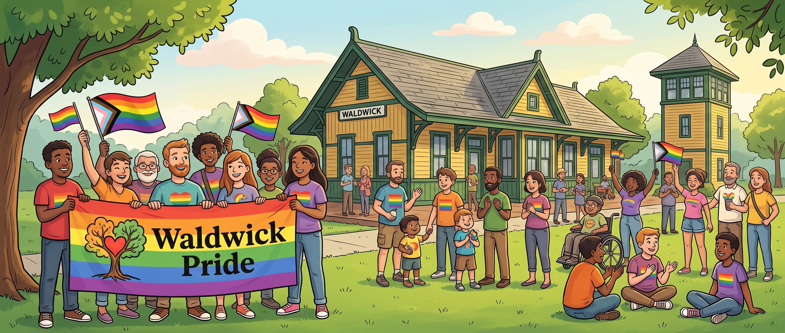 A diverse group of people holding a rainbow flag and a banner that reads 'Waldwick Pride' at a Pride celebration outdoors, with a yellow historic building labeled 'Waldwick' in the background and children and adults celebrating.
