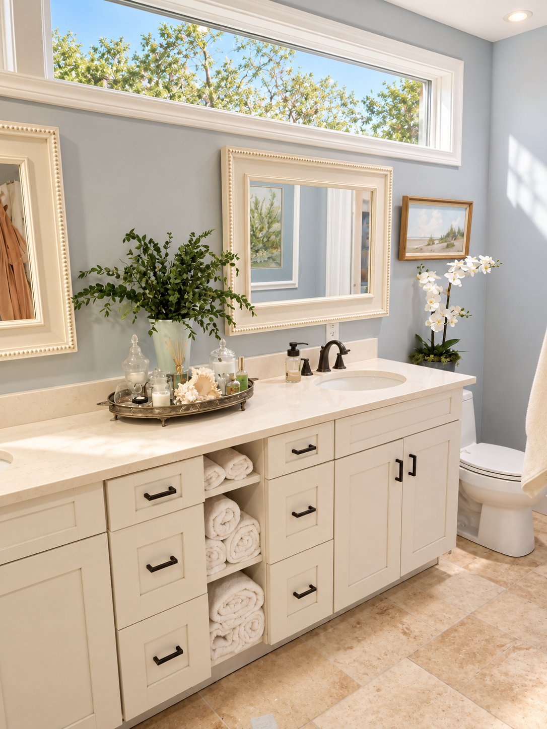 His and Her vanities. Travertine everywhere