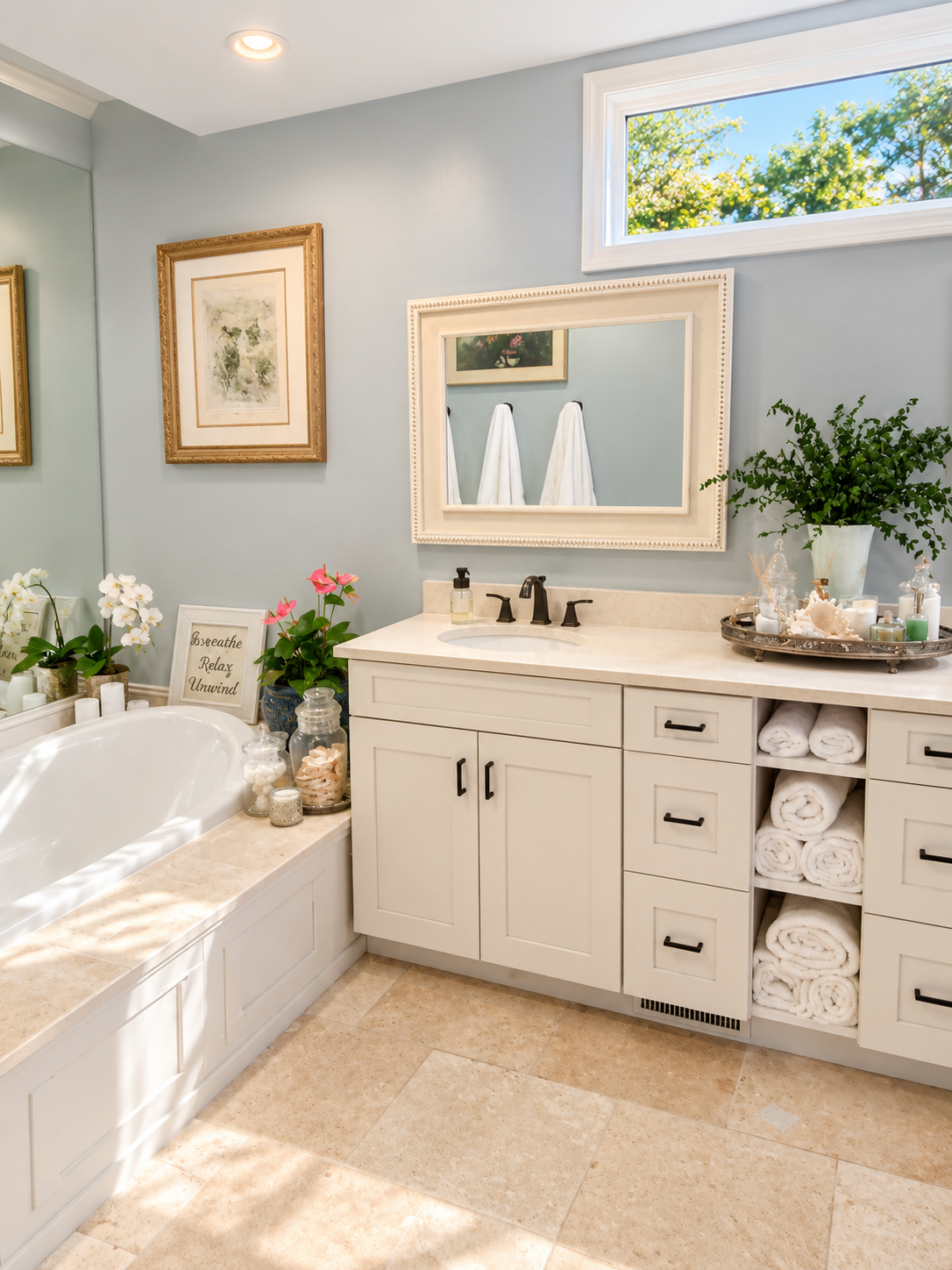 Elegant bathroom with a built-in bathtub, white cabinets, and decorative plants; sunny window and framed art on light blue walls.