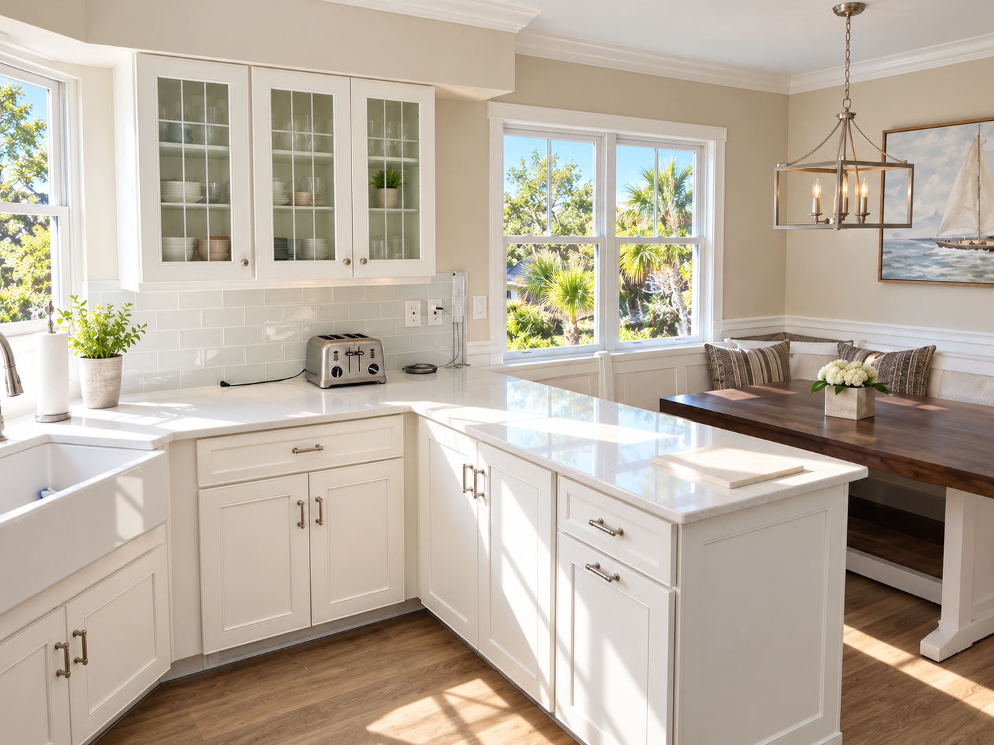 Bright kitchen with white cabinets, a countertop with a toaster, green plant, and window Views of trees and palm trees outside. A dining area with a wooden table, flowers in a vase, and a chandelier.