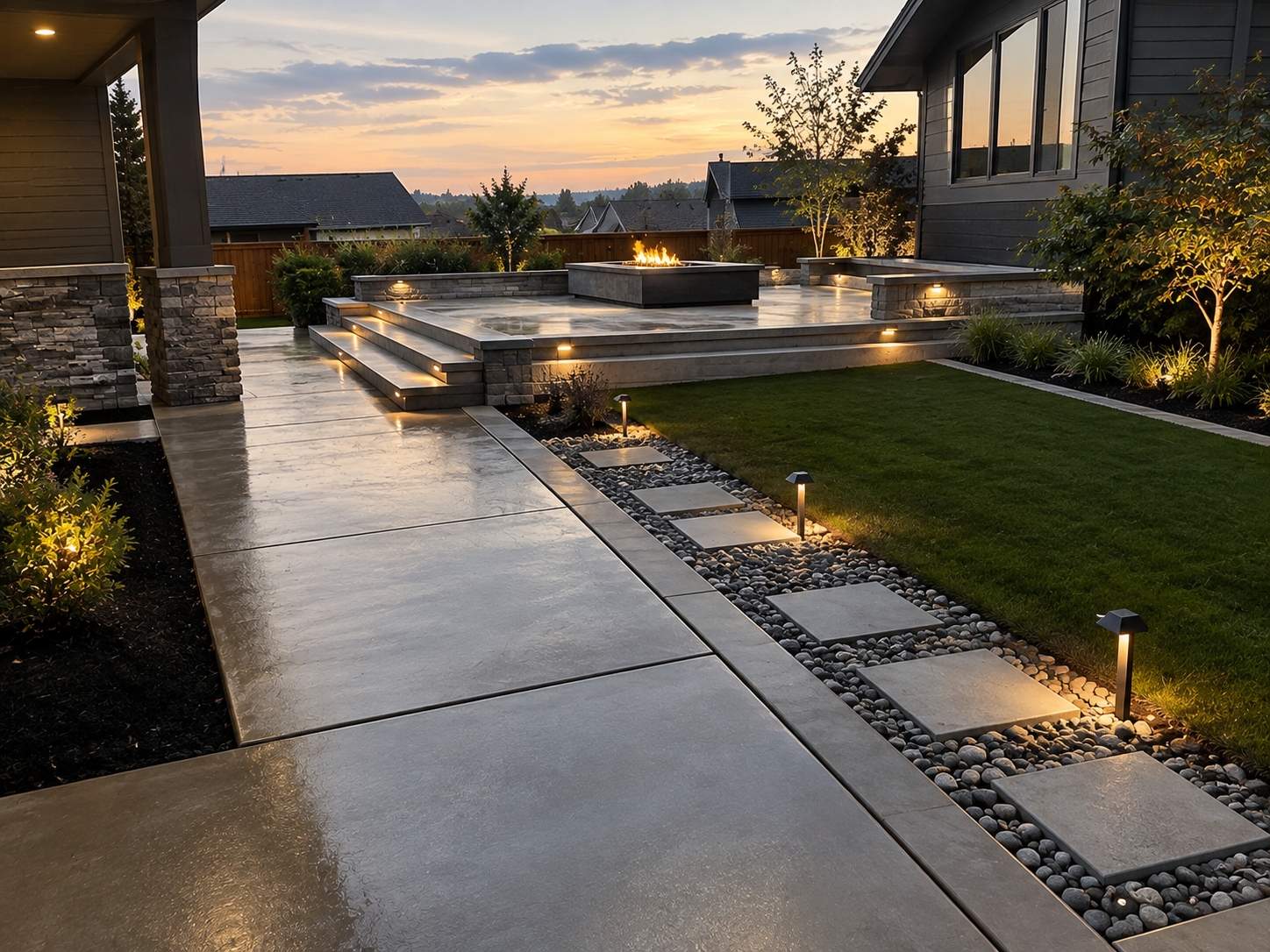 Modern backyard patio with stairs, fire pit, pathway, and landscape lighting at sunset.
