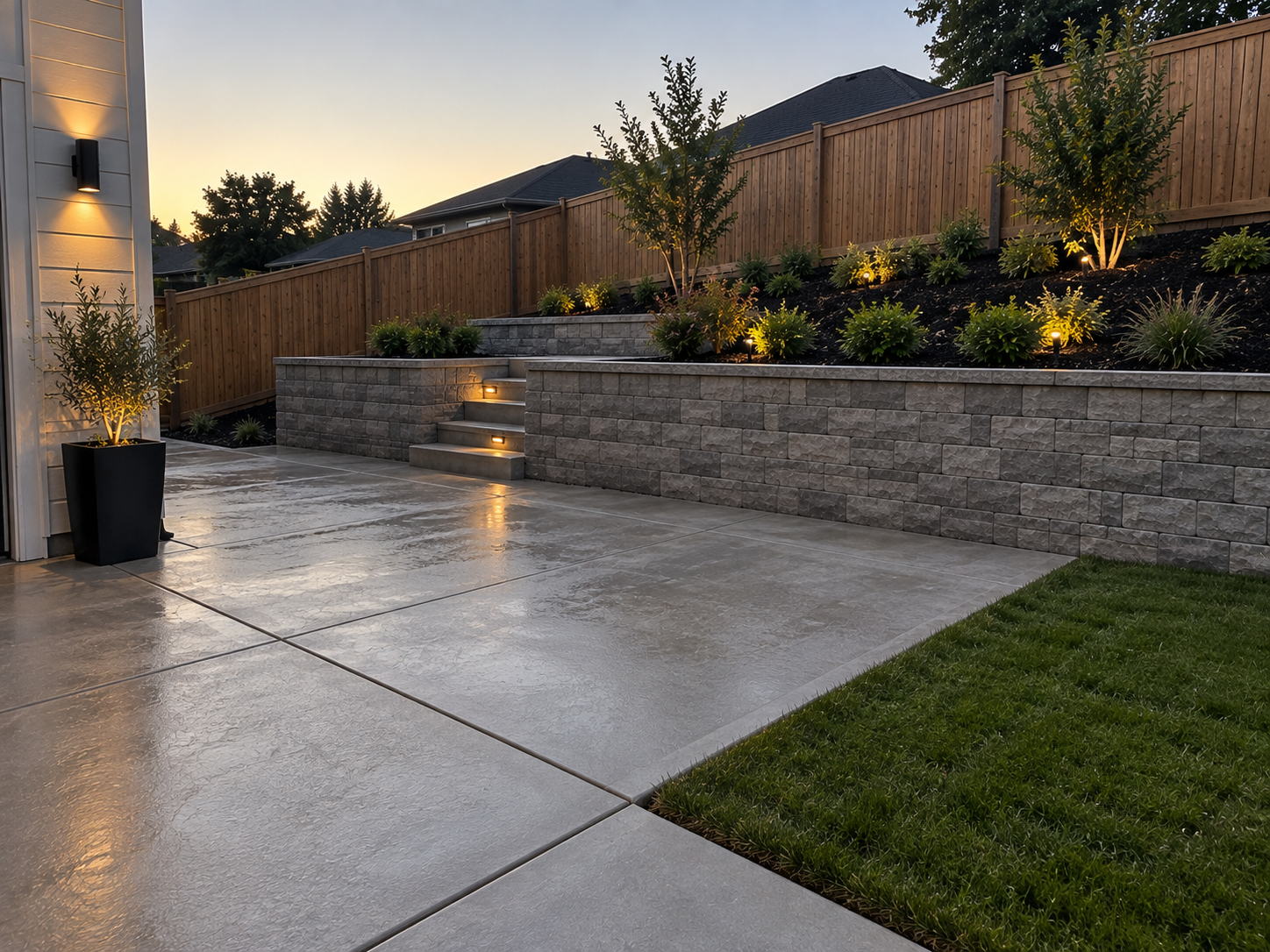 A backyard patio at dusk with concrete flooring, outdoor lighting, a stone retaining wall with small plants, and a wooden fence. There are steps leading to an elevated garden area with trees and bushes, and outdoor lights illuminate the scene.