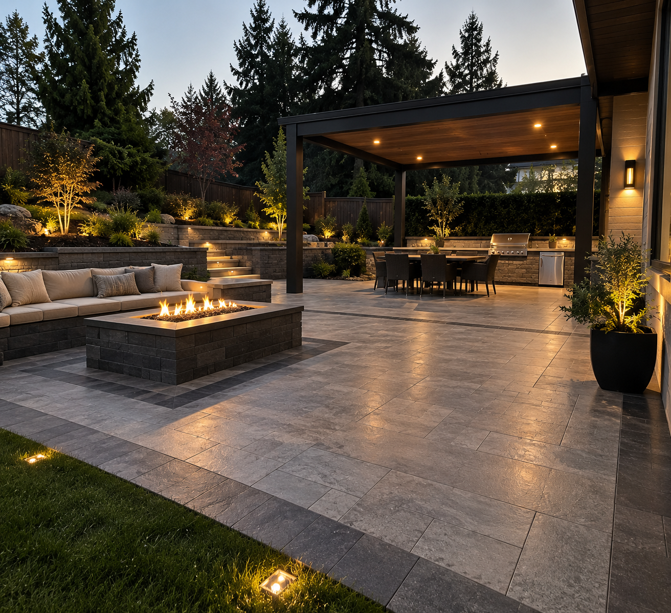 Outdoor patio with built-in fire pit, seating area, dining table with chairs, outdoor kitchen, plants, and landscaped yard with stairs and trees at dusk.