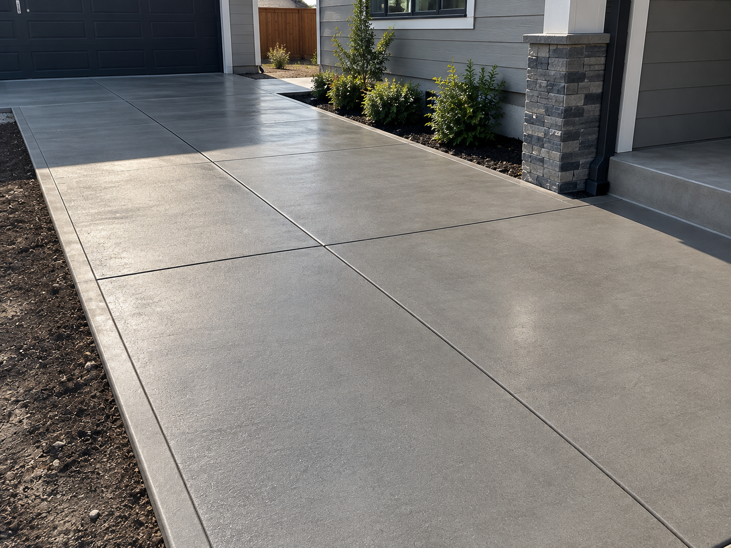 Concrete driveway with expansion joints leading to a house with gray siding, stone accents, and a garage door; small garden beds with bushes and mulch along the house wall.