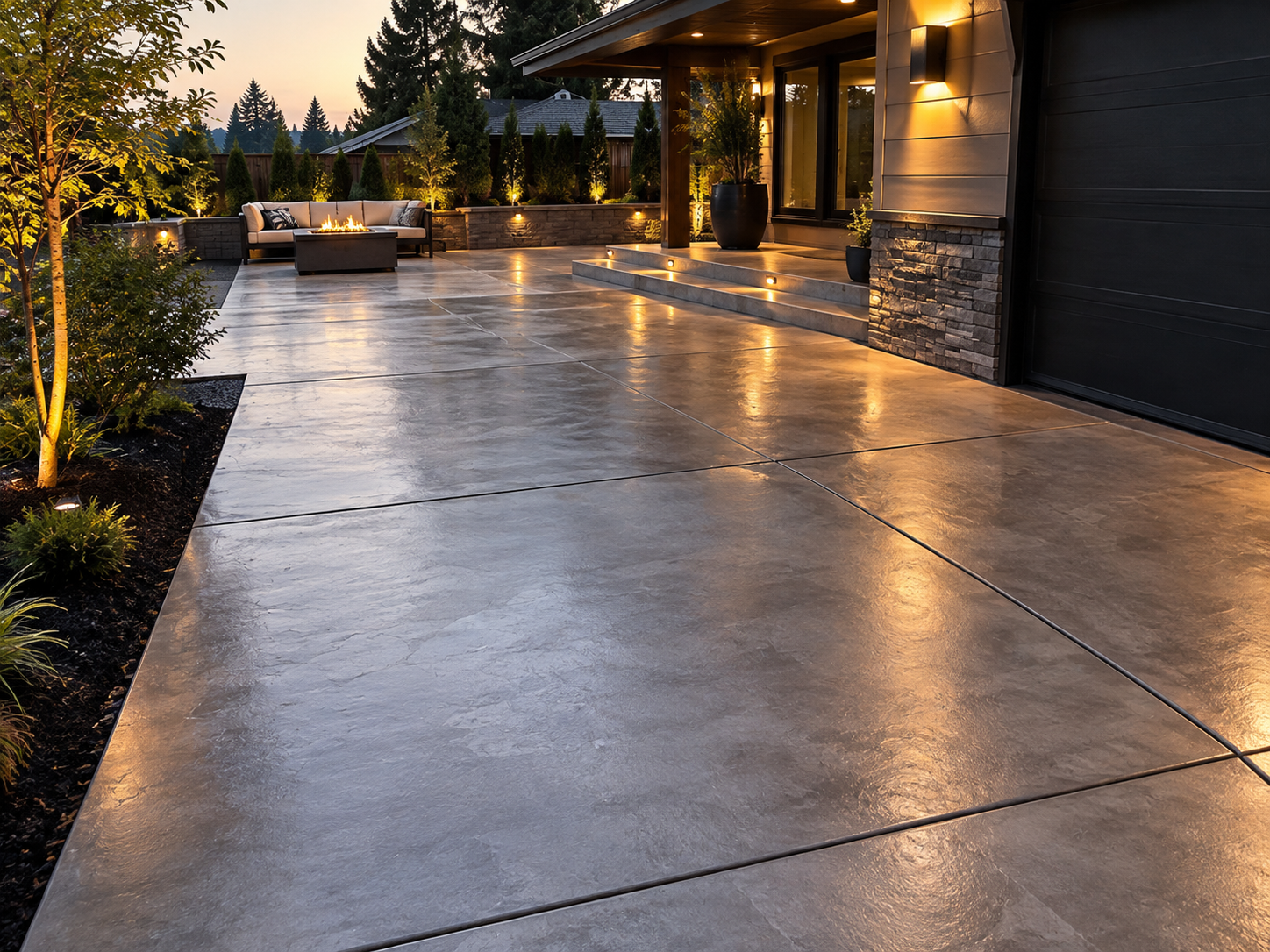 Modern backyard patio with polished concrete floor, outdoor seating with firepit, landscaped garden, and house illuminated by warm lighting at sunset.