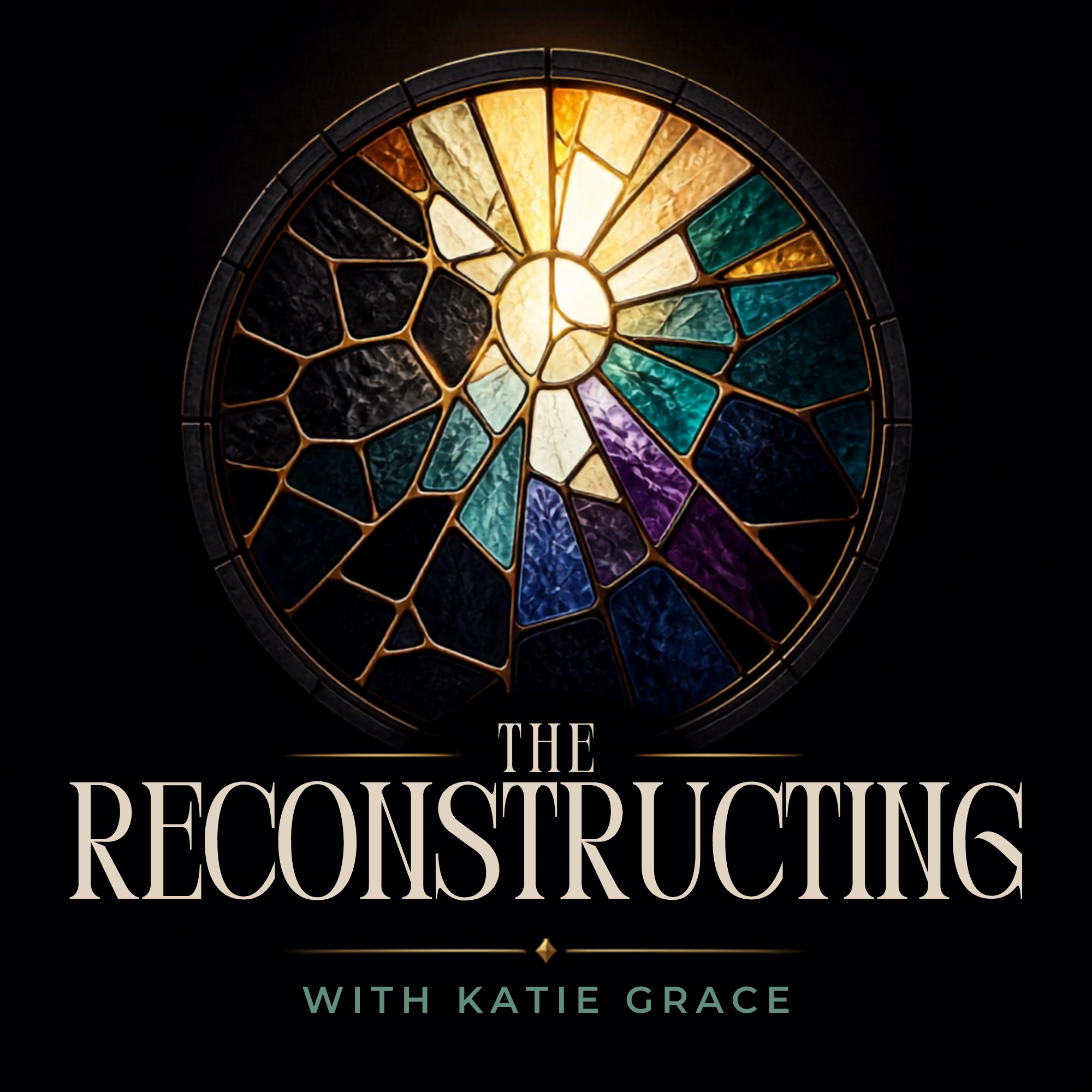 Square logo for The Reconstructing Podcast with Katie Grace with a circular stained glass window in contrast with a dark background, and some of the stained glass is bright while other pieces have faded or gone dark