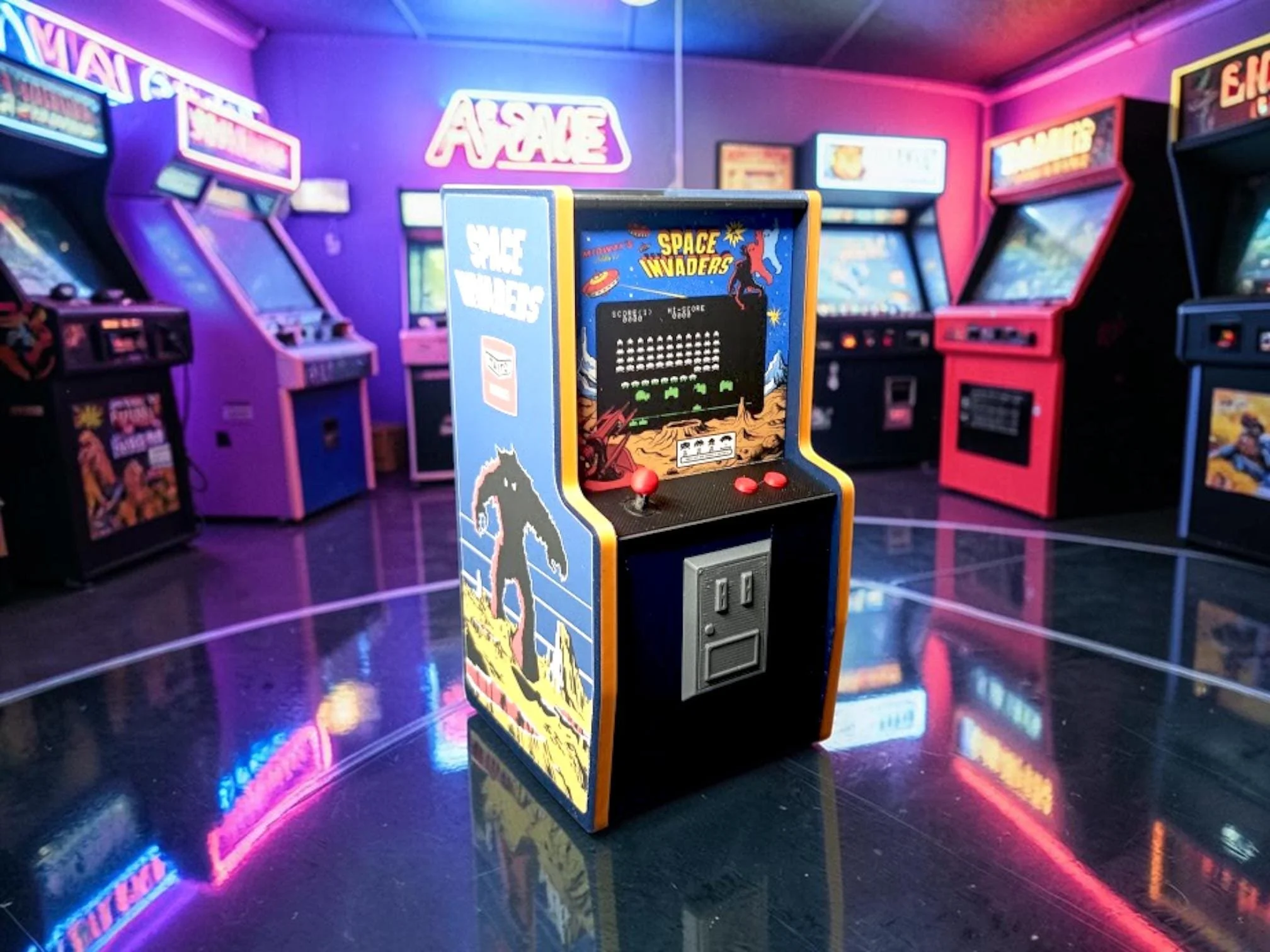 Miniature arcade game titled 'Space Invaders' in a retro arcade room with neon signs and old arcade machines.