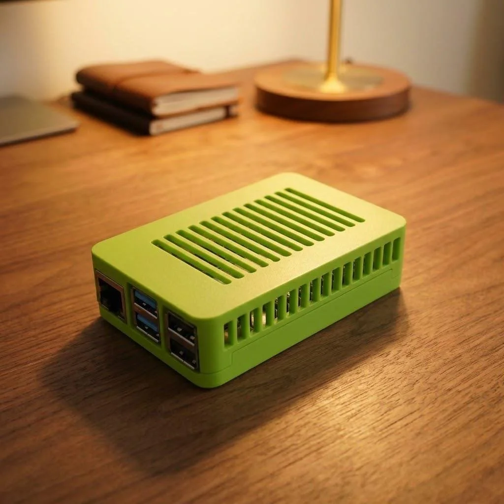 A small, green, rectangular electronic device with cooling vents on top and multiple USB ports on one side, placed on a wooden surface.