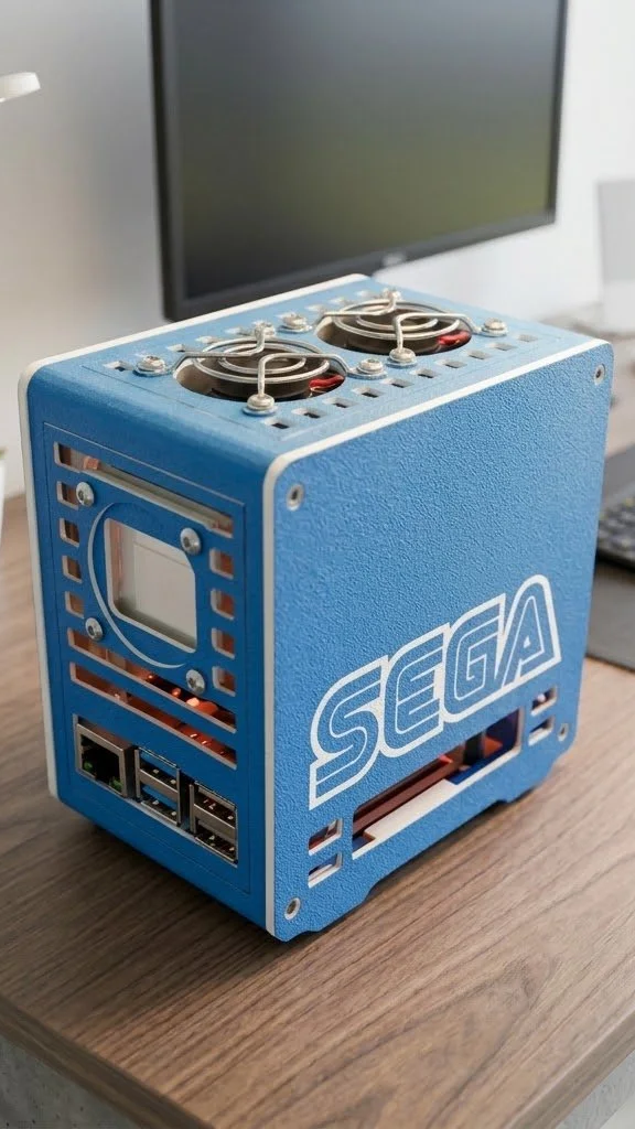 A custom blue computer case with Sega logo, two cooling fans on top, multiple USB ports, and a small display, placed on a wooden desk.