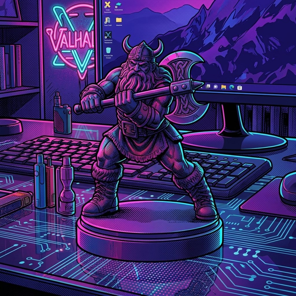A digital illustration of a dwarf warrior with a beard, wearing a helmet with horns, holding a battle axe, standing on a circular base. The scene has neon lighting with purple and blue hues, set against a computer desk with a keyboard, monitor, and v