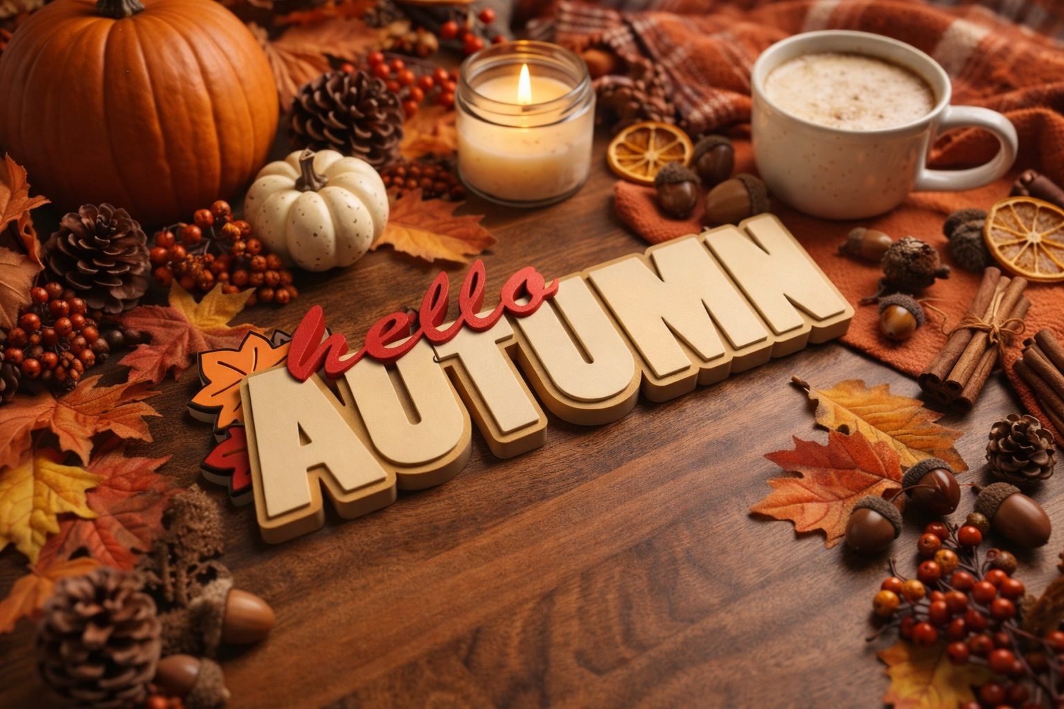 Autumnal table with pumpkins, pinecones, leaves, berries, a candle, a mug of hot drink, and a decorative sign that reads 'hello AUTUMN'.