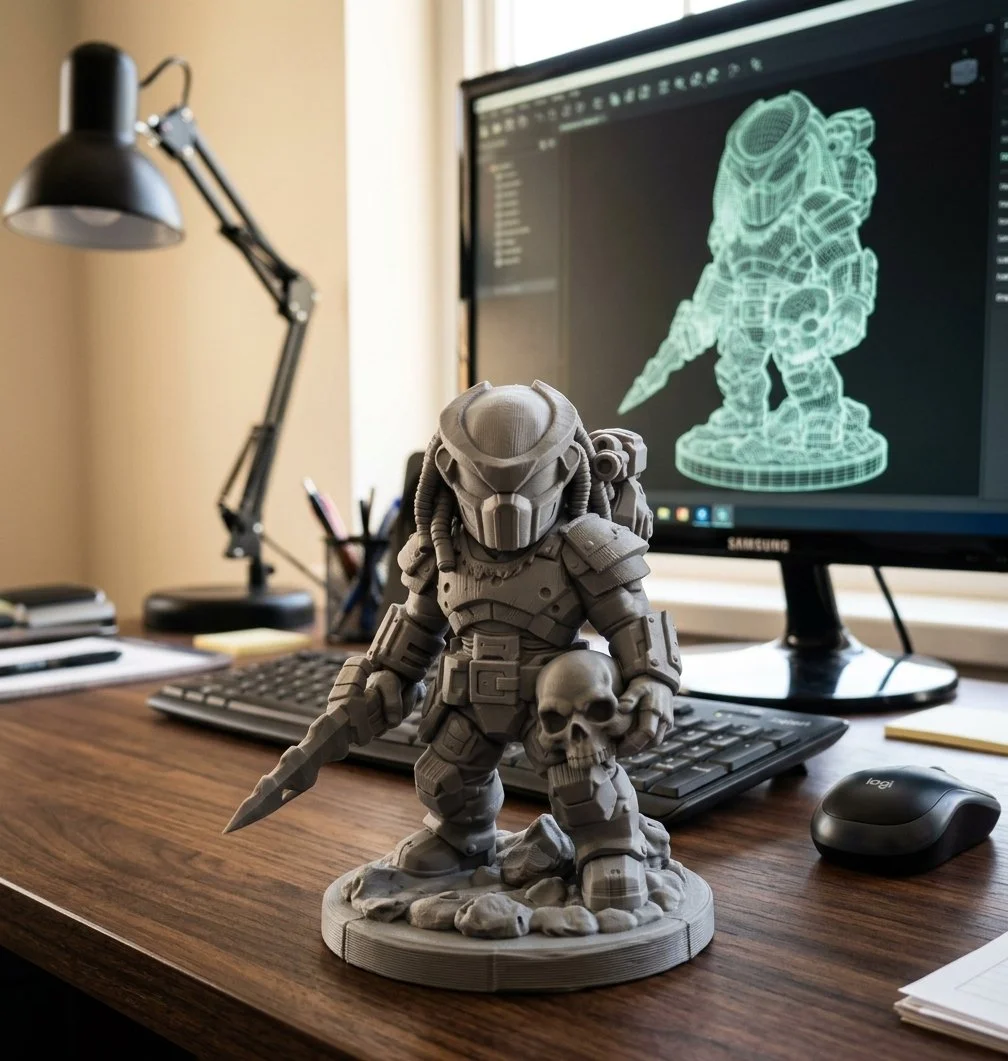 A 3D-printed miniature figure of a fantasy warrior holding a skull and a sword, placed on a desk with a computer monitor displaying a wireframe drawing of the figure.