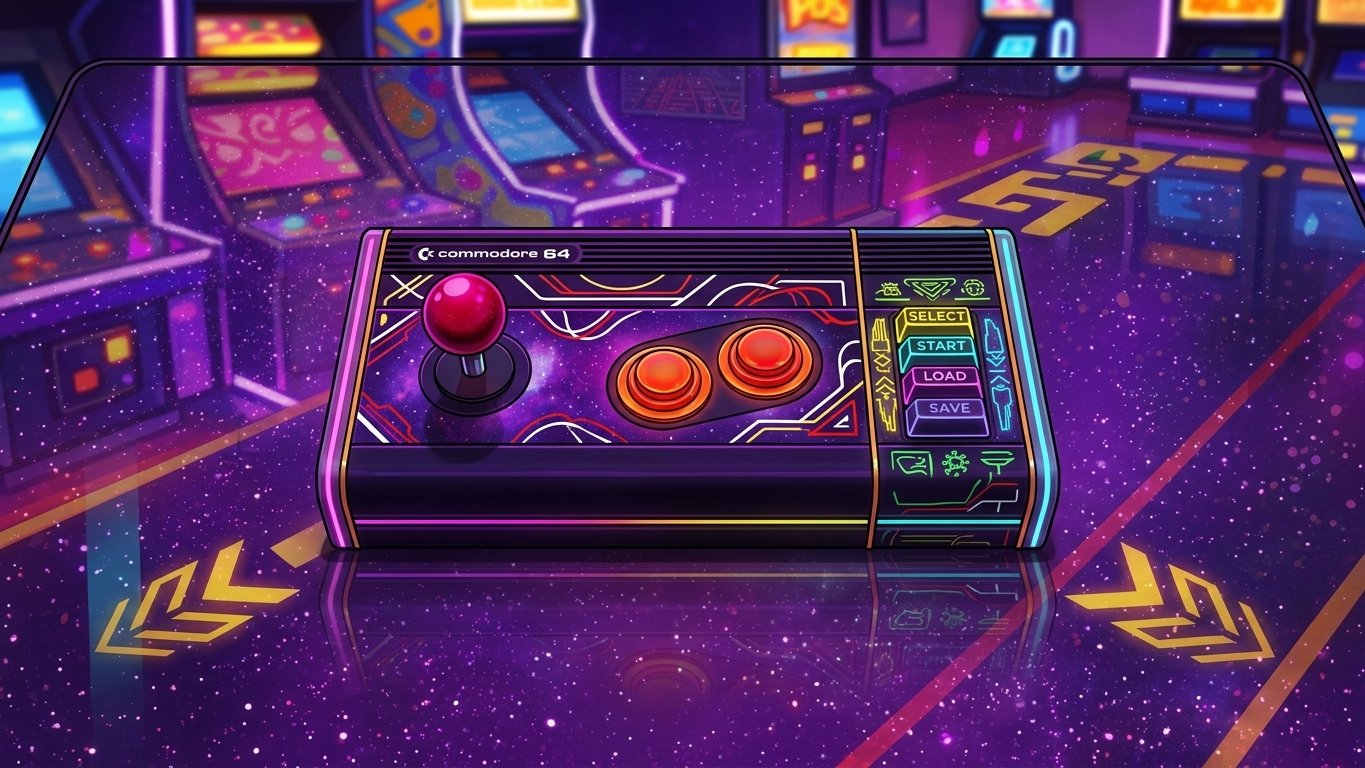 A colorful arcade-style image featuring a retro game controller with a red joystick and two orange buttons placed on a starry, galaxy-patterned surface. The controller is surrounded by neon-lit arcade machines in the background and a side panel with 