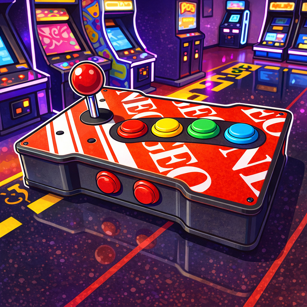 Colorful arcade game controller with a red joystick and four colored buttons (yellow, green, blue) on an arcade game backdrop with multiple arcade machines.