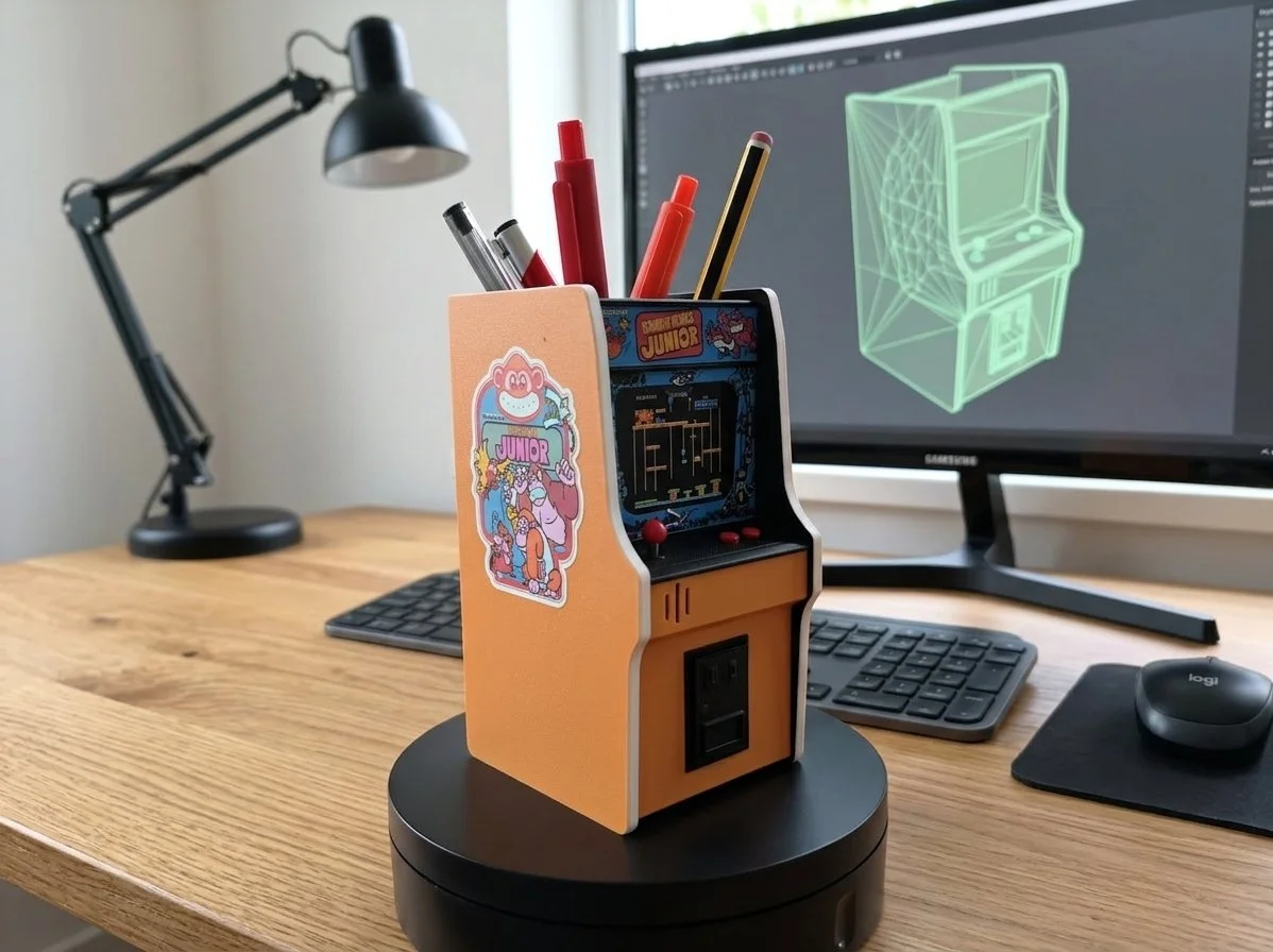 Miniature arcade machine with a sticker of a cartoon character on the side, containing pens and a marker, placed on a wooden desk with a computer monitor, keyboard, mouse, and desk lamp in the background.