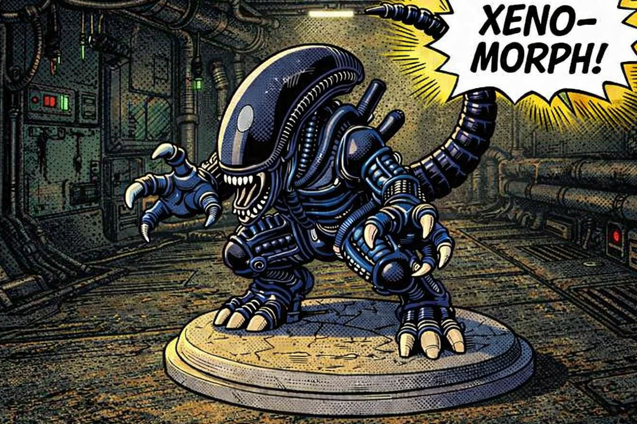 A detailed comic-style illustration of a xenomorph creature from Alien, depicted as a robotic or mechanical version, standing on a round pedestal in a gritty industrial background, with a speech bubble saying 'XENO-MORPH!'
