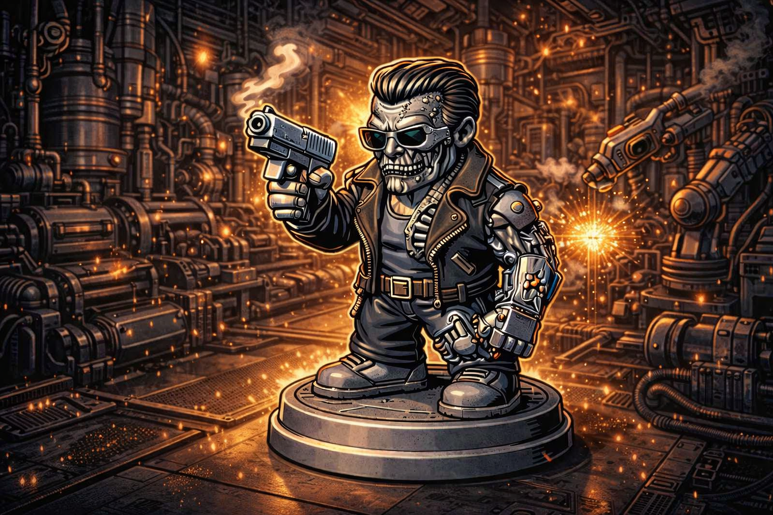A robotic skeleton character with sunglasses, holding a gun, in a futuristic industrial setting with glowing sparks and machinery.