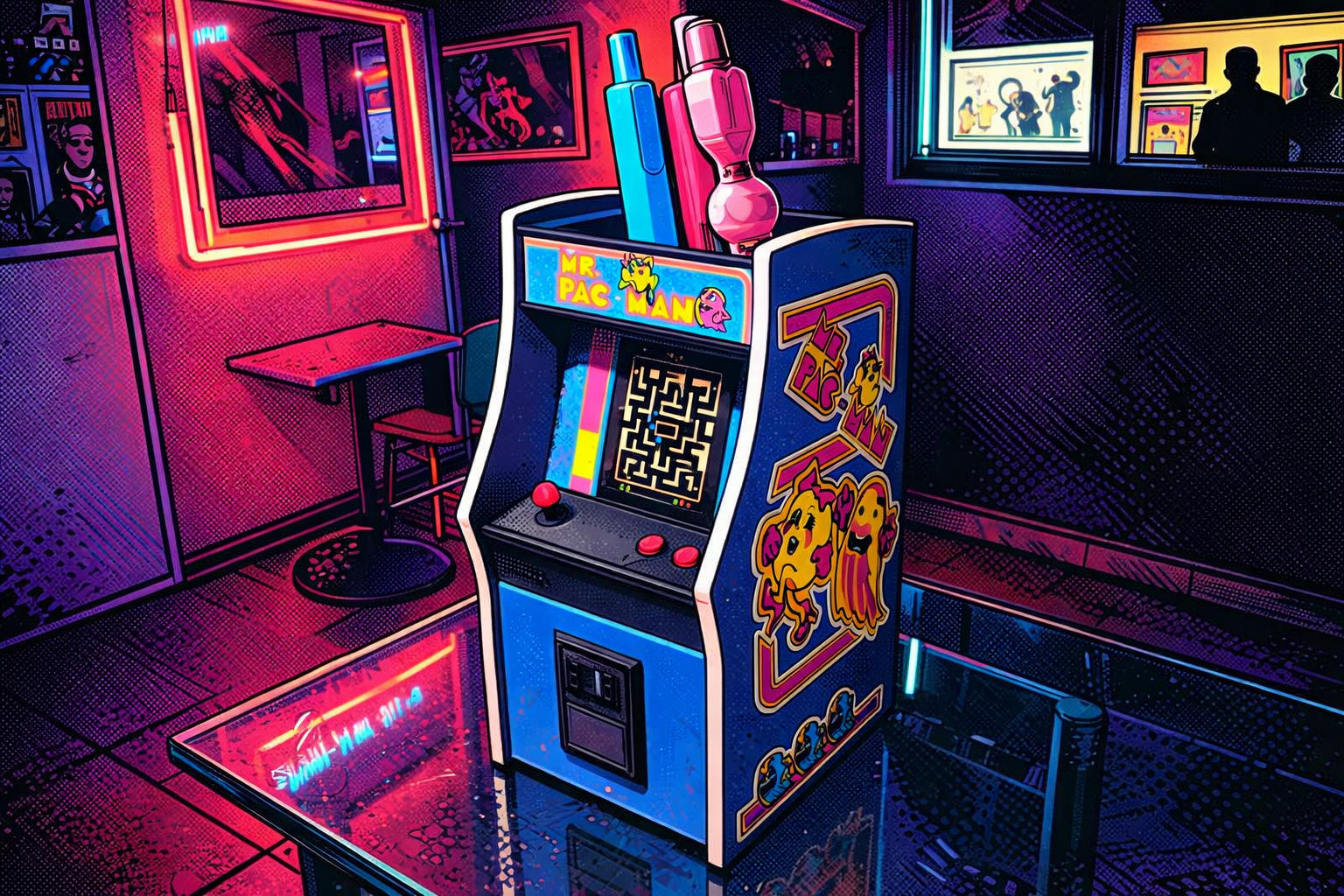 A neon-lit arcade with a Pac-Man arcade machine in the foreground, featuring colorful graphics and a QR code on its screen, surrounded by vibrant posters and artwork on the walls, in a dimly lit room with silhouettes of people in the background.