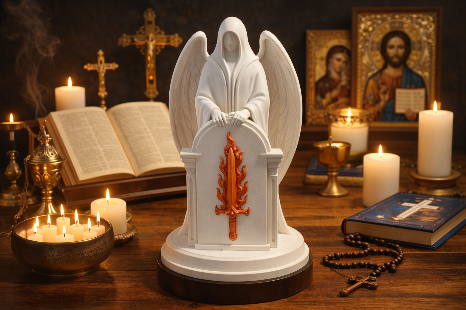 A religious altar with a white angel statue holding a shield with a flaming sword emblem, surrounded by lit candles, religious icons, an open Bible, and a prayer book.