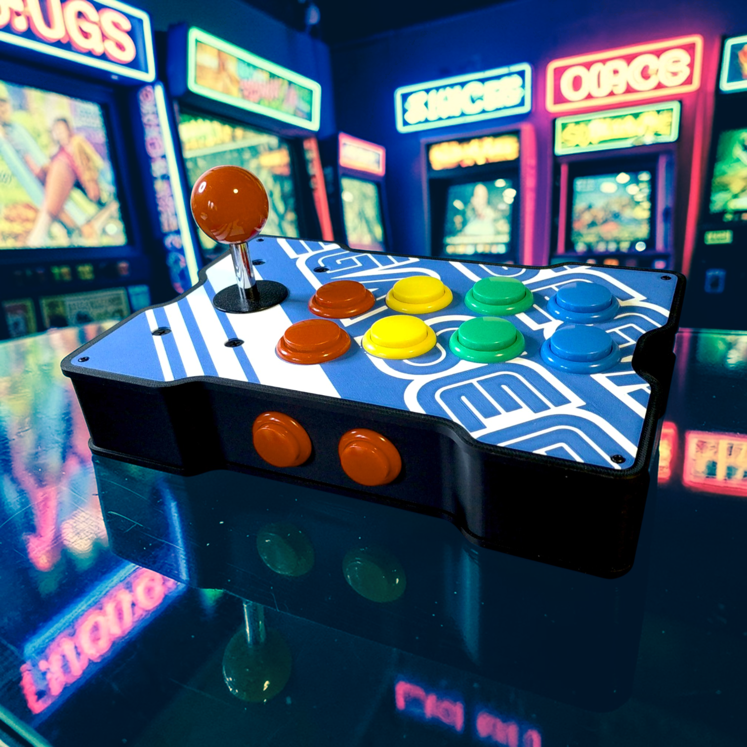 Close-up of a vintage arcade game with colorful buttons and a joystick, set against a background of neon-lit arcade machines.