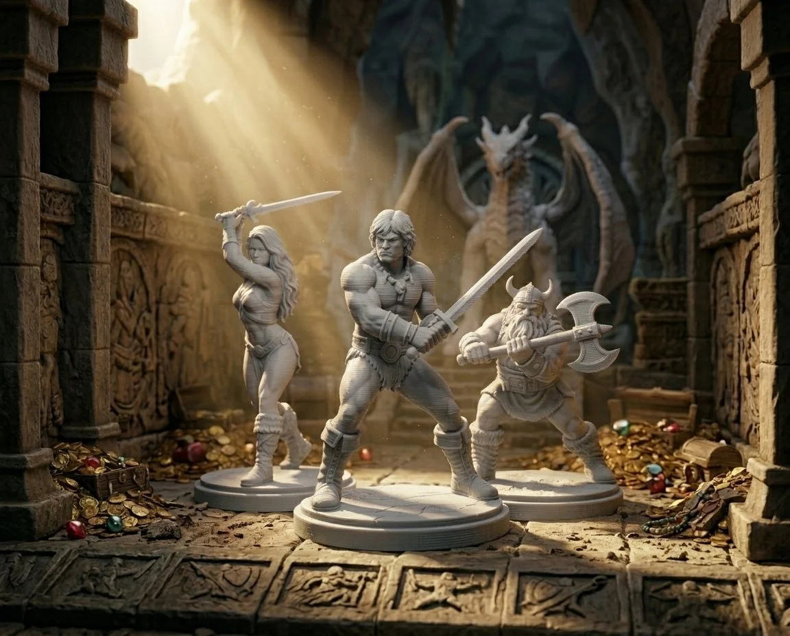 Gray miniature figurines of a warrior woman, a male warrior, and a dwarf with an axe, set in a fantasy treasure room with a dragon in the background, treasure chest, coins, and jewels on the floor.