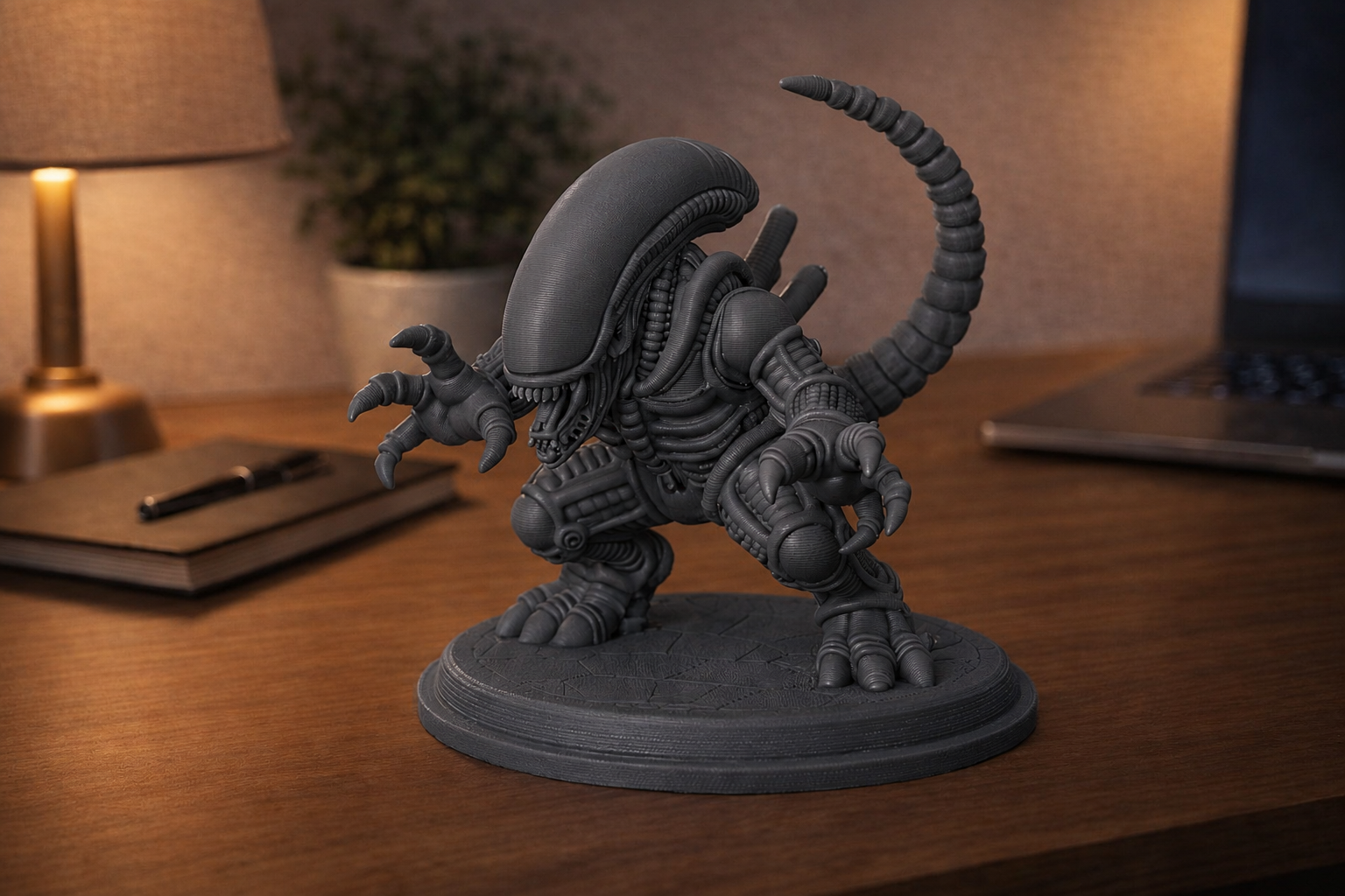 A detailed, black figurine of a xenomorph alien from the Alien franchise on a wooden desk with a lamp, notebook, and pen.