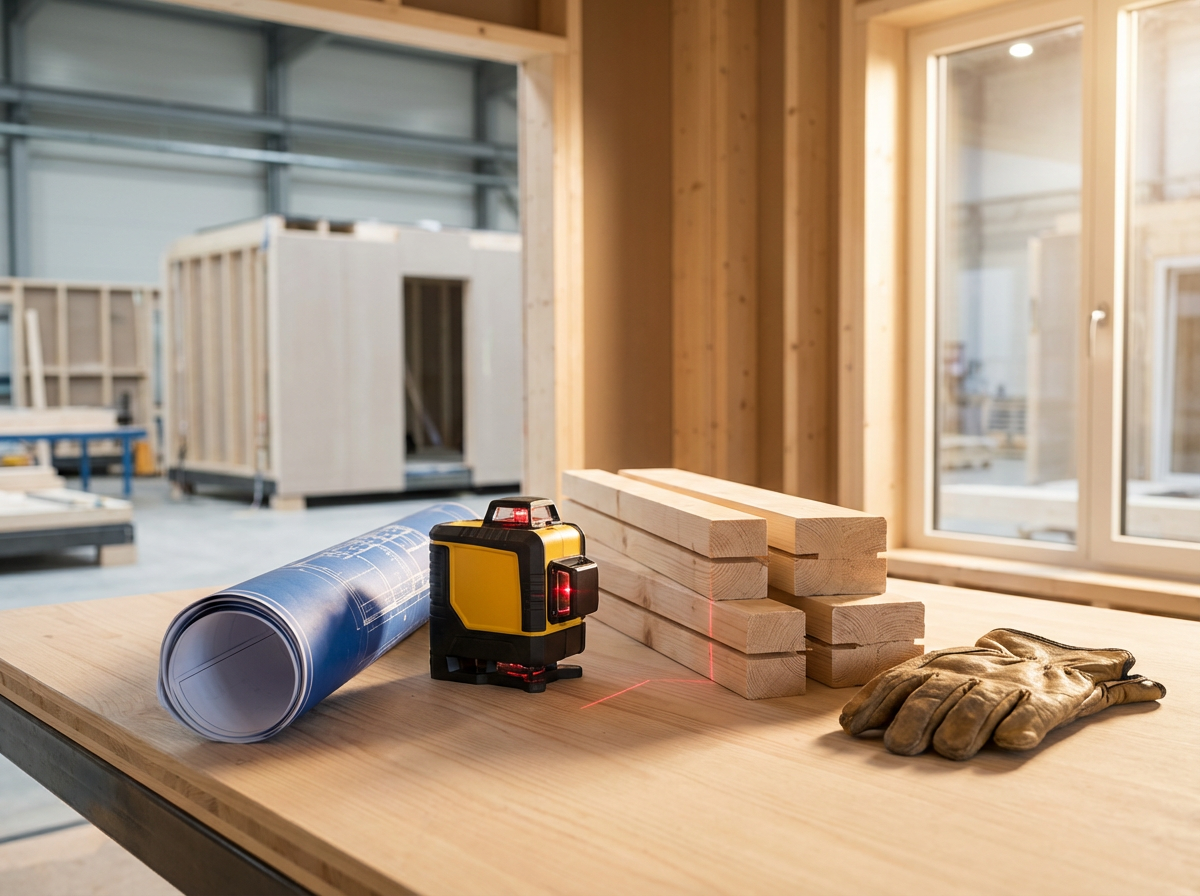 Construction site with a wooden table holding a rolled blueprint, a yellow laser level, a stack of wooden planks, and work gloves, inside a partially constructed building with wood framing and large windows.