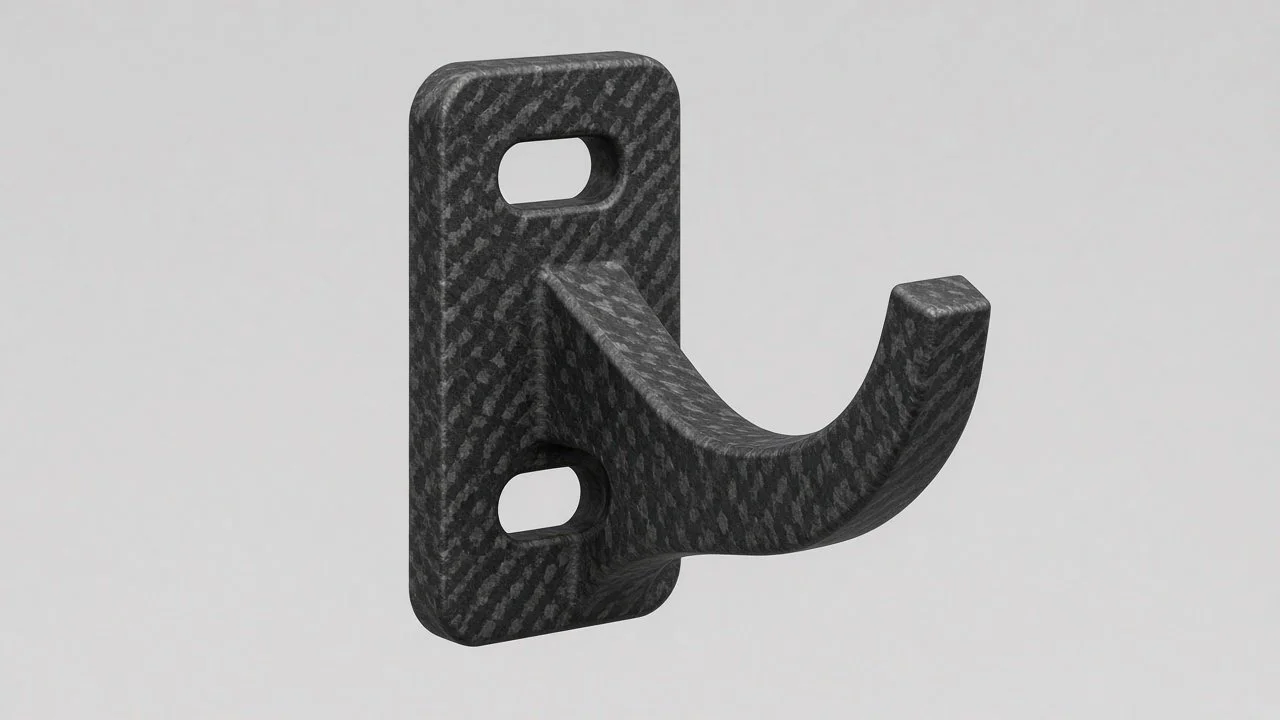 A black and gray textured wall hook with a flat rectangular mounting plate and a curved hook