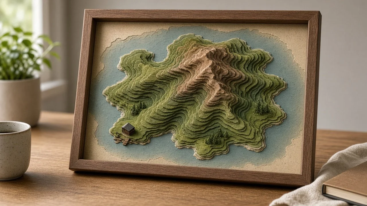 A framed layered paper map of an island with mountains, grass, trees, and water.
