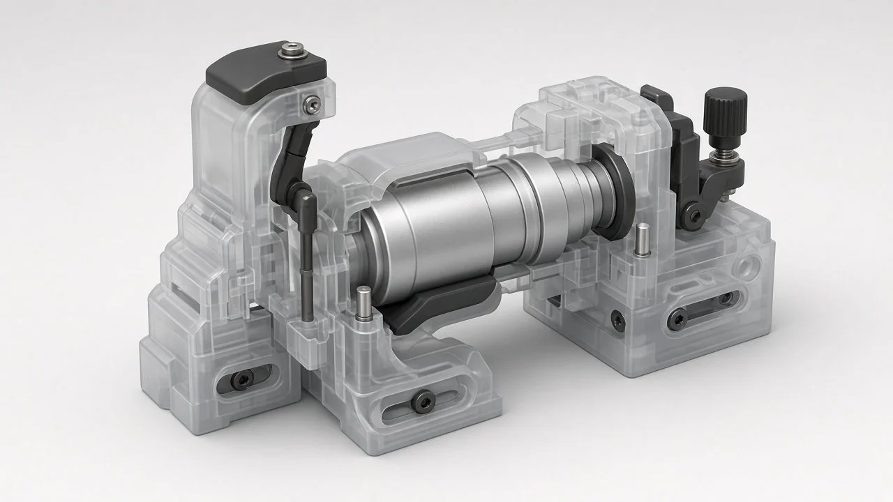 A transparent mechanical device with metal and black components, possibly a small engine or motor assembly.