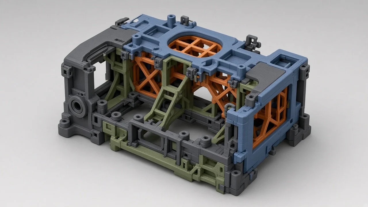 Colorful plastic construction toy model resembling a mechanical or architectural structure.