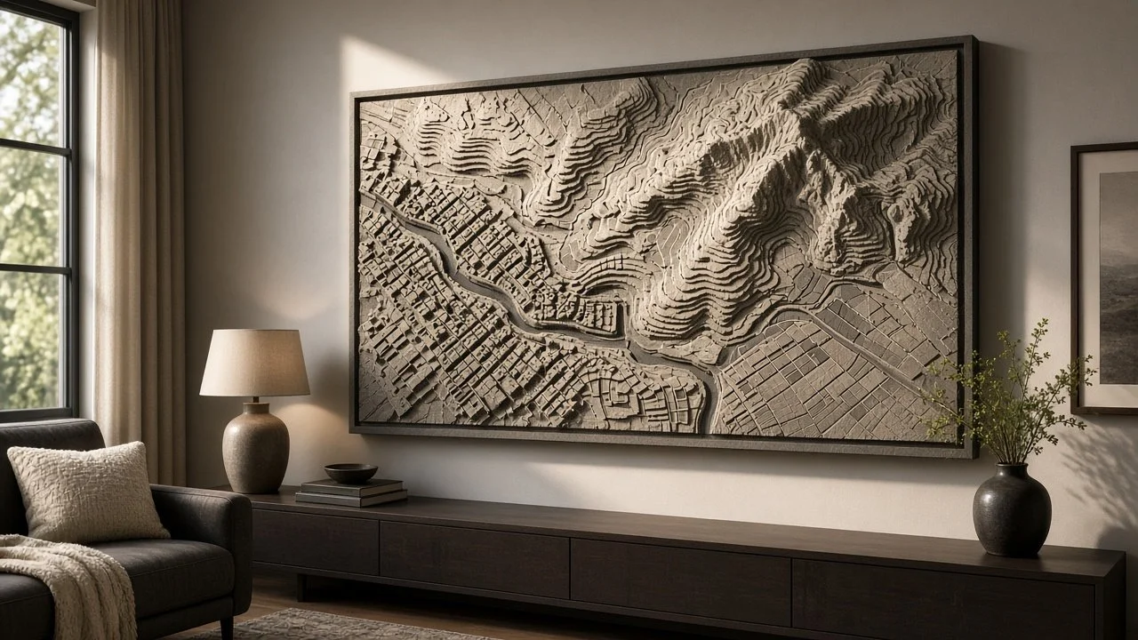 A living room with a large framed 3D topographical map of a mountainous region on the wall, a black sofa with cream pillows, a dark wooden console table, a beige table lamp, a black vase with green branches, and a framed photograph with a window showing trees outside.