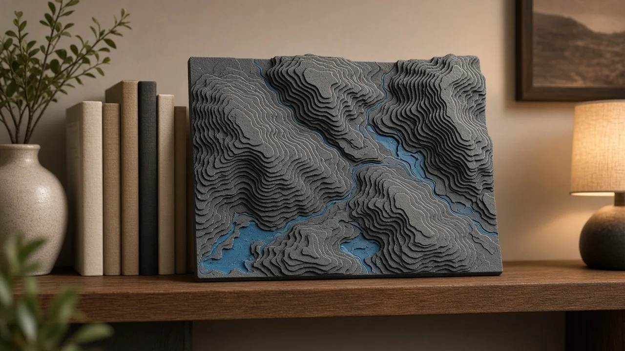 A layered topographic map on a wooden shelf, with books to the left and a lamp to the right, in a cozy room.