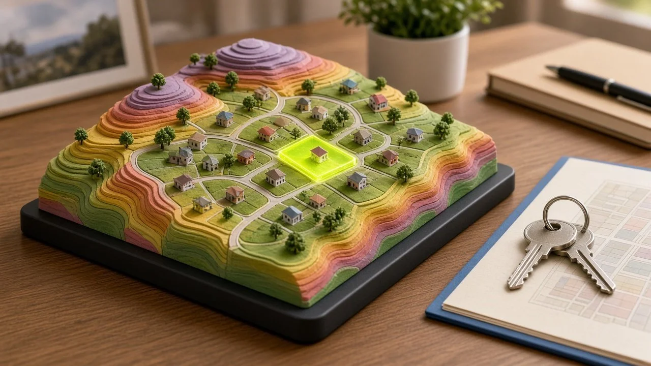 A miniature model of a residential neighborhood on a wooden table, with a highlighted house in the center, surrounded by parks, trees, winding roads, and colorful terrain layers, alongside a set of keys and a map.