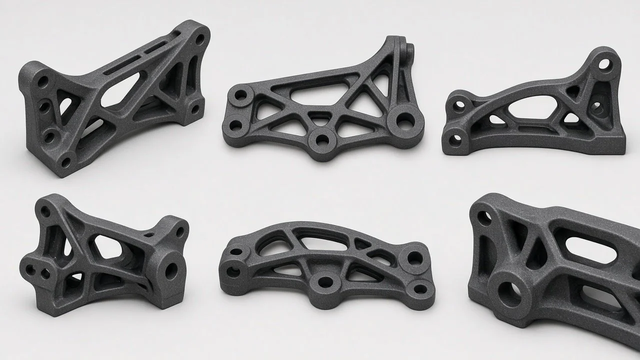 Six dark gray, 3D-printed mechanical parts with geometric cutouts, arranged on a white surface.