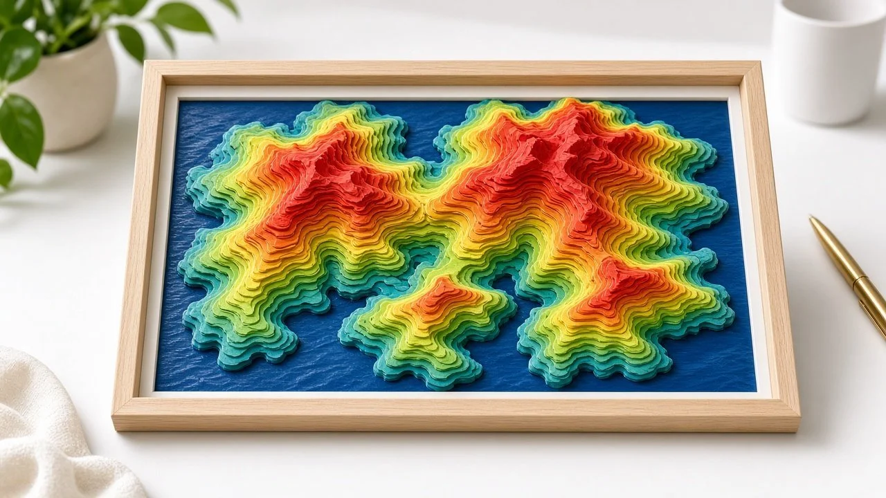 Colorful layered paper map of North America in a wooden frame with a blue background.