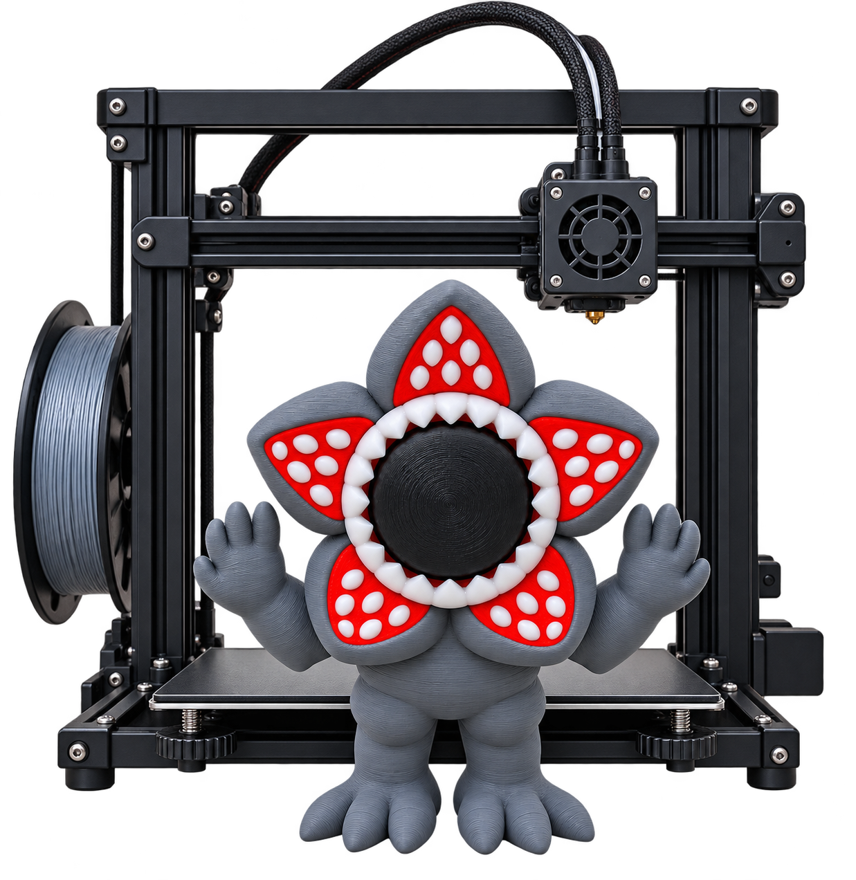 3D printed character displayed with a 3D printer and filament at 3D Print Studio of VA.