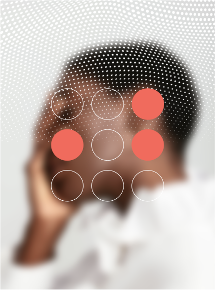 Blurred image of a person with a phone to their ear, overlaid with a graphic of circles and red dots, and a dotted pattern at the top.