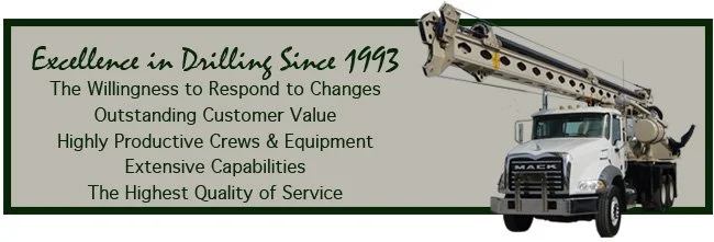 Promotional banner displaying drilling company values: excellence since 1993, response to changes, customer value, productive crews, extensive capabilities, high-quality service, with an image of a truck equipped with a large drilling rig.
