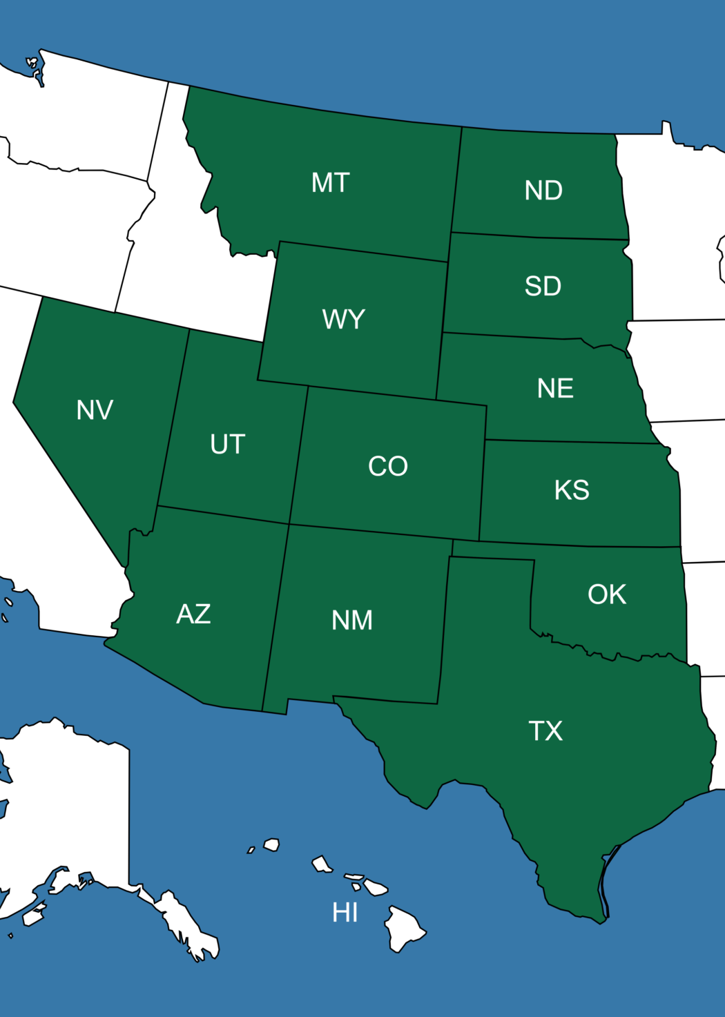 Map of the United States with certain states highlighted in dark green, including Montana, North Dakota, South Dakota, Wyoming, Nebraska, Nevada, Utah, Colorado, Kansas, Oklahoma, Texas, New Mexico, Arizona, and Alaska.