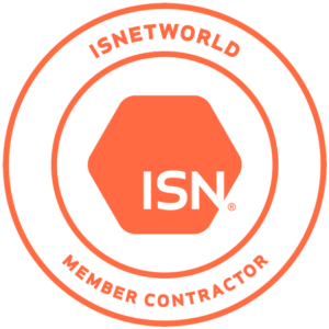 A circular logo with an orange outline and text, featuring a hexagon shape in the center with the letters 'ISN' inside, and the words 'ISNETWORLD' at the top and 'MEMBER CONTRACTOR' at the bottom.
