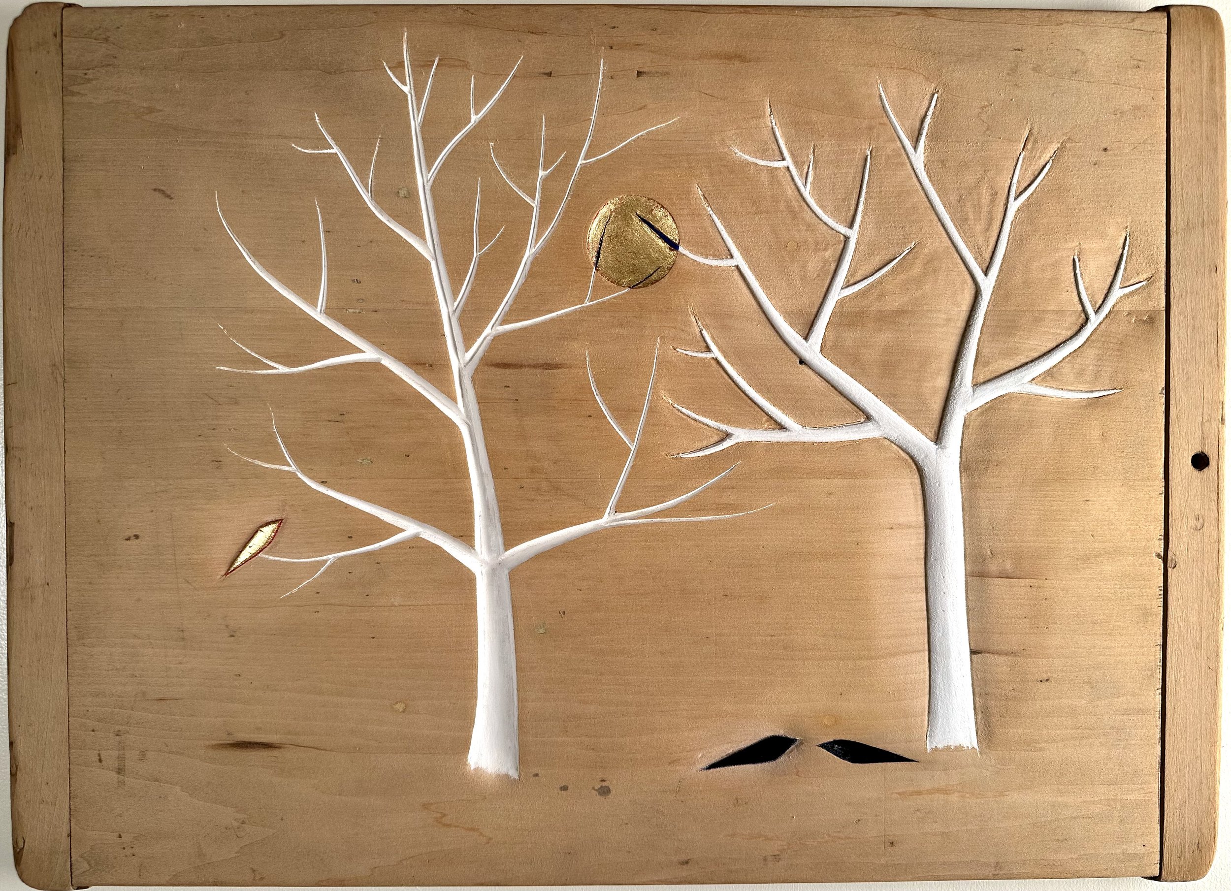 two trees three birds sun