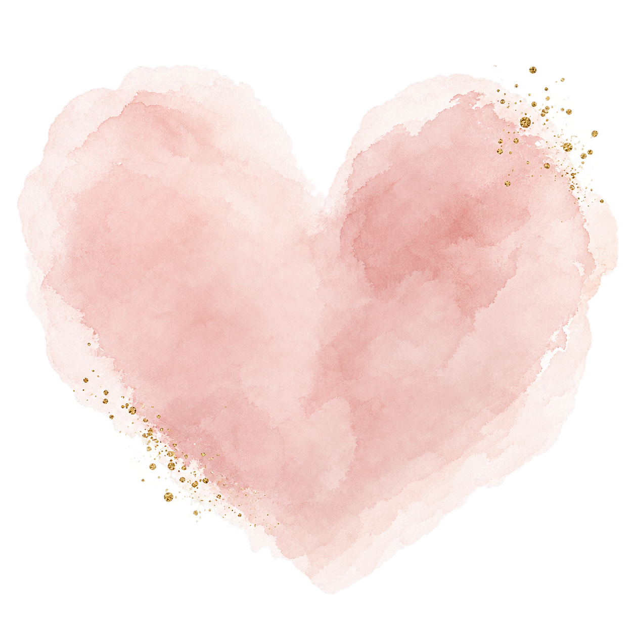 Watercolor painting of a pink heart with gold splatters.