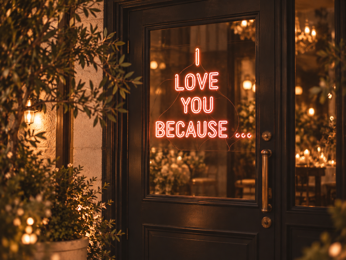 Neon sign on a glass door that says "I love you because..." within a warmly lit setting with plants and candles visible inside