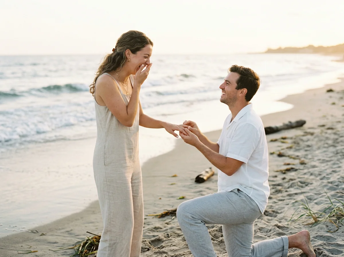 A man proposing marriage to a woman on the beach at sunset.